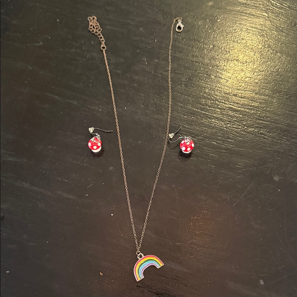 Rainbow Pendant Necklace with Red Mushroom Earrings- homemade